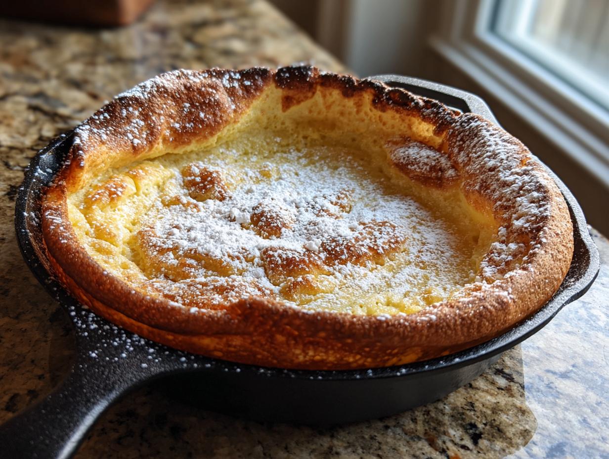 A golden brown Dutch baby pancake dusted with powdered sugar, baked in a black cast iron skillet.