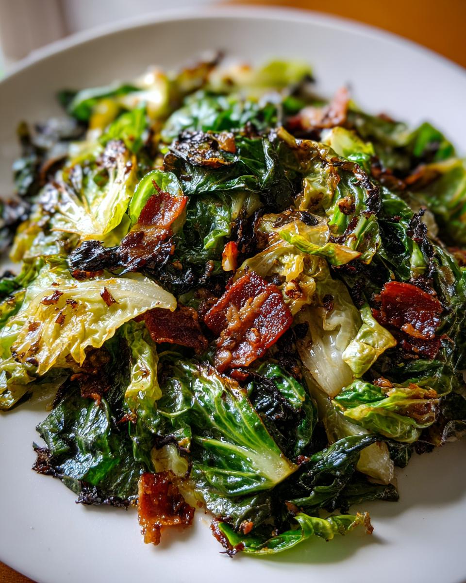 Close-up of delicious fried cabbage mixed with crispy bacon pieces served on a white plate.