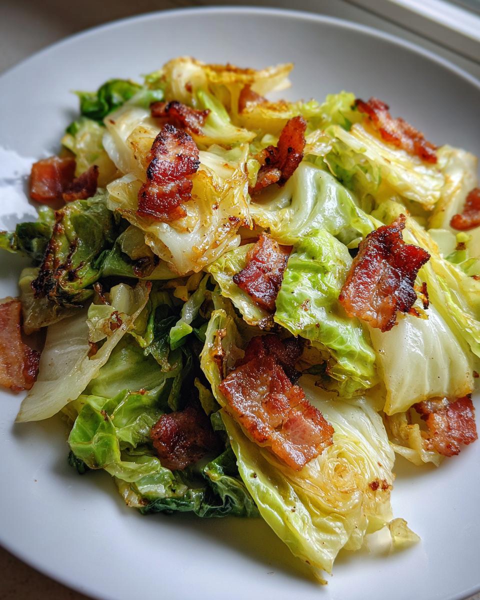 Close-up of perfectly cooked fried cabbage mixed with crispy, browned bacon pieces served on a white plate.