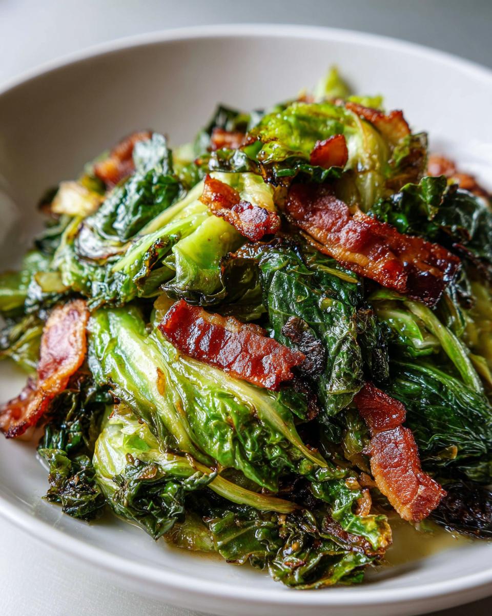 A close-up of delicious fried cabbage mixed with crispy bacon pieces served in a white bowl.
