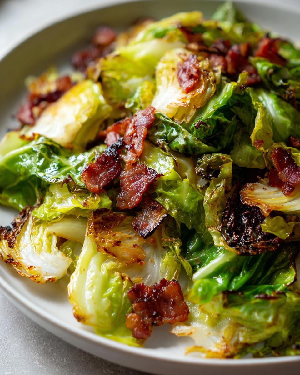 A close-up shot of perfectly cooked fried cabbage mixed with crispy, crumbled bacon pieces served on a light plate.