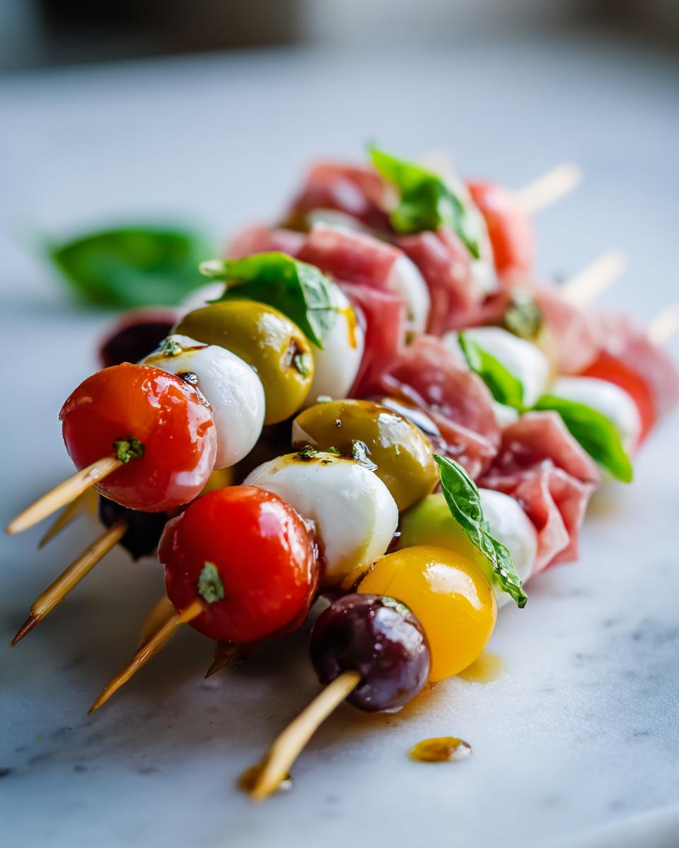 Close-up of colorful antipasto skewers featuring mozzarella balls, cherry tomatoes, olives, prosciutto, and basil, drizzled with balsamic glaze.