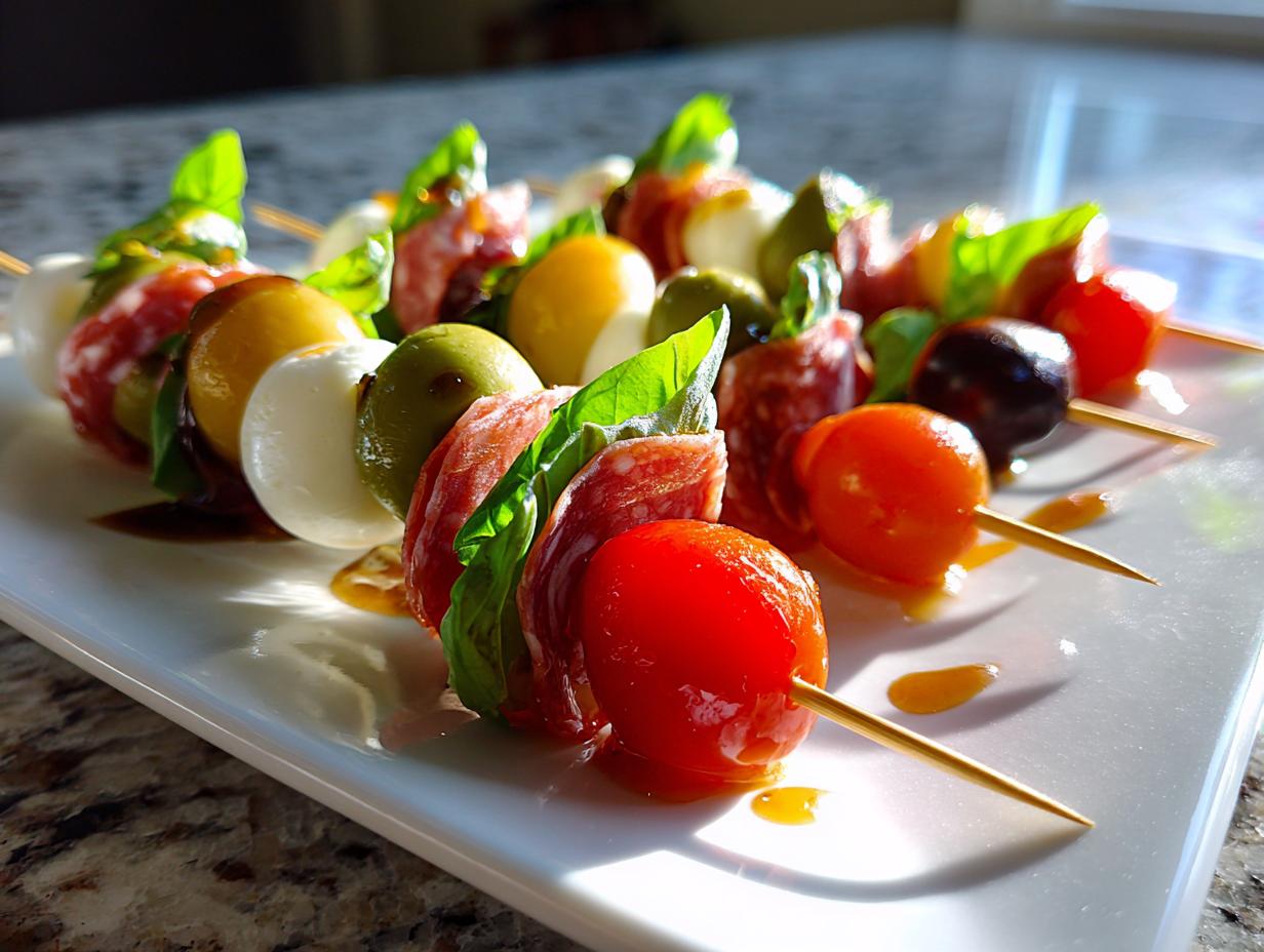 Close-up of colorful antipasto skewers featuring cherry tomatoes, mozzarella balls, salami, olives, and basil, drizzled with balsamic glaze.