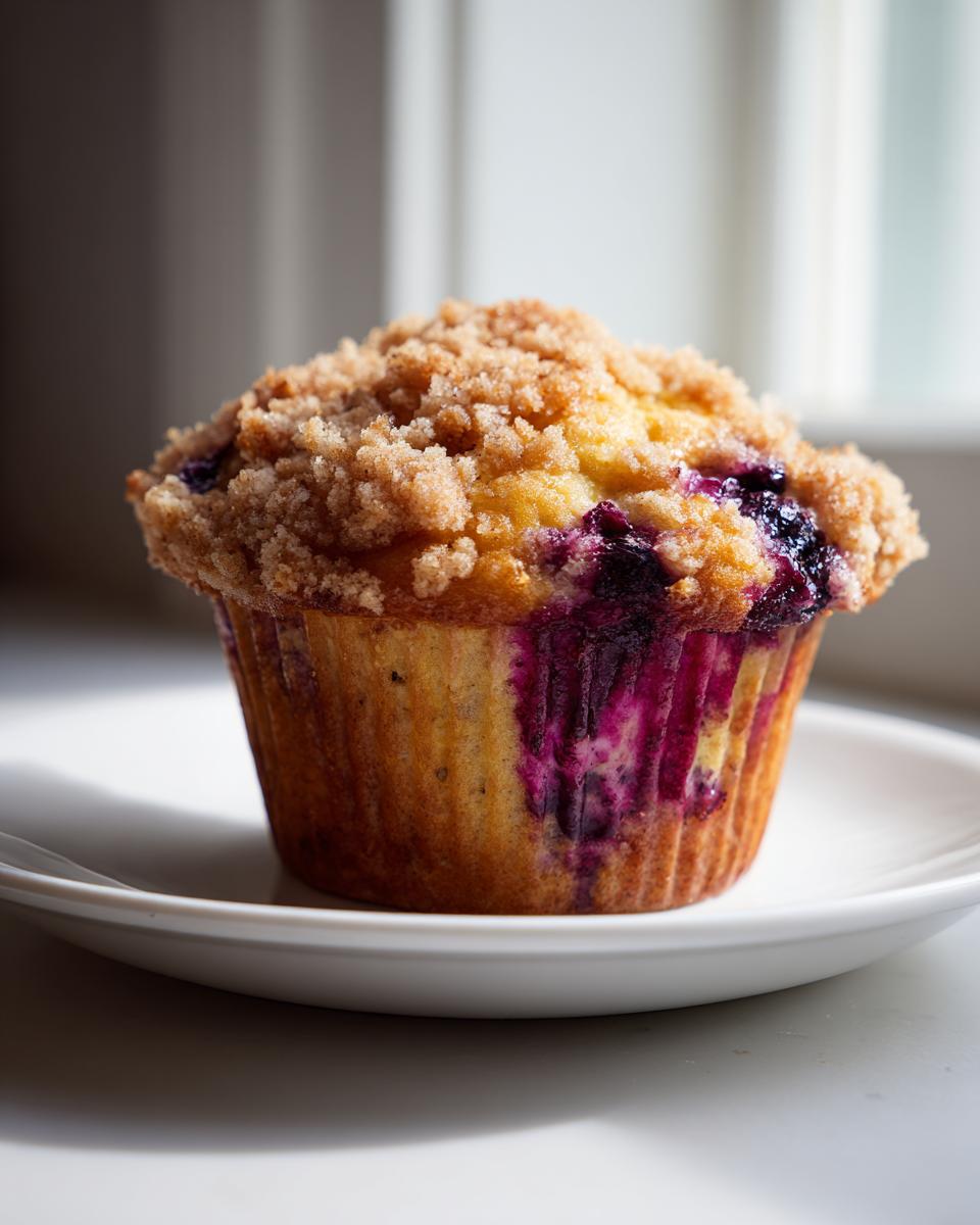 A single, golden Blueberry lemon muffin with a crumbly streusel topping sitting on a small white plate.