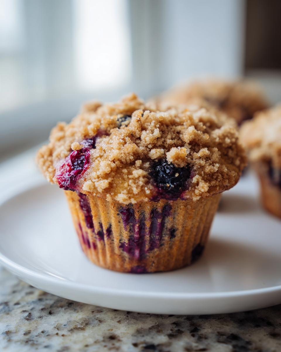 A close-up of a single, fluffy blueberry lemon muffin topped with a generous brown sugar crumble, sitting on a white plate.