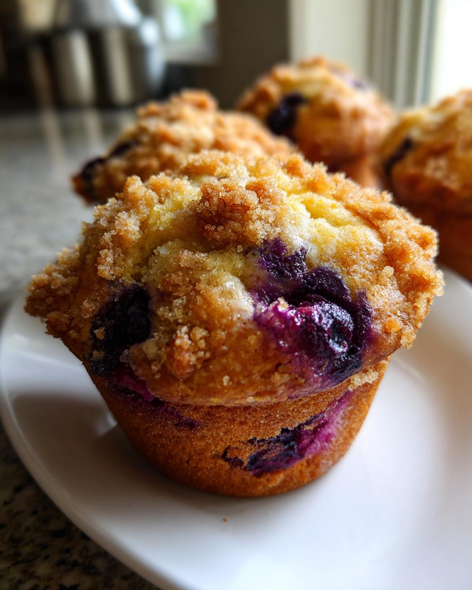 A close-up of a freshly baked Blueberry lemon muffins featuring a golden streusel topping and visible bursts of purple blueberry.