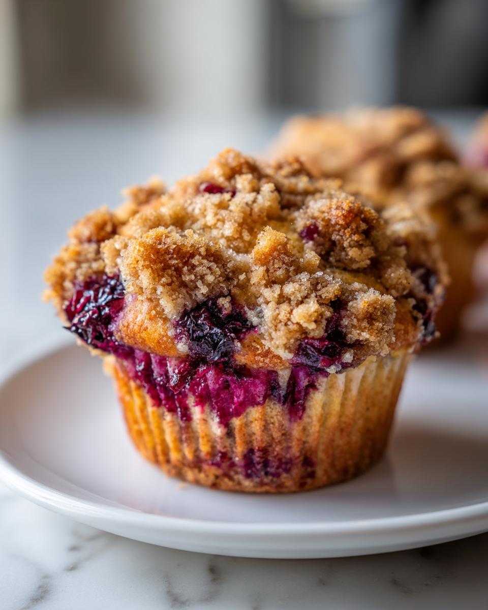 A close-up of a single, freshly baked blueberry lemon muffin topped with a thick, golden streusel crumb topping.