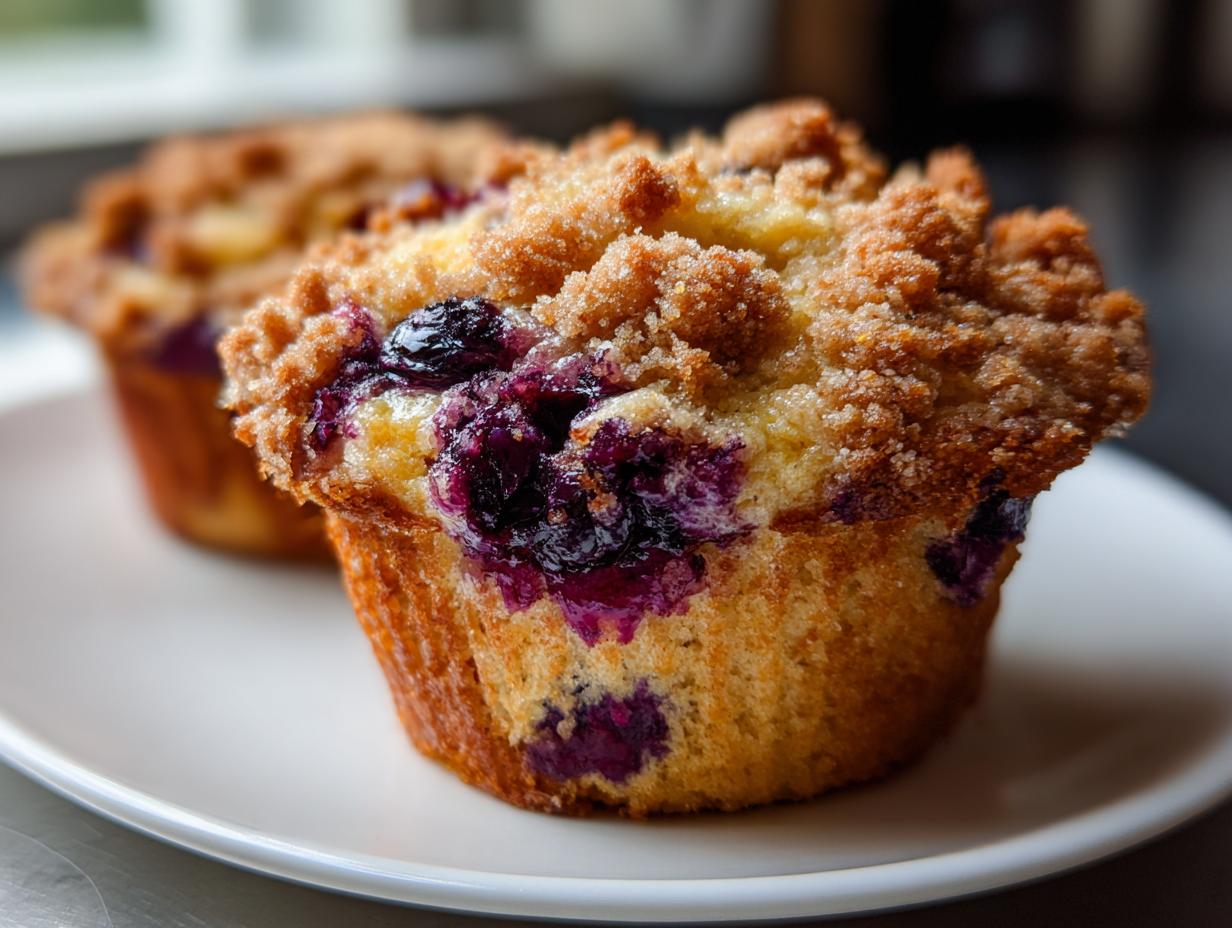 A close-up of a freshly baked blueberry lemon muffin topped with golden streusel, sitting on a white plate.