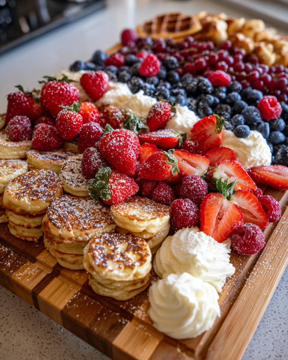 Close-up of a beautiful Breakfast grazing board featuring stacks of mini pancakes, fresh strawberries, blueberries, and whipped cream.