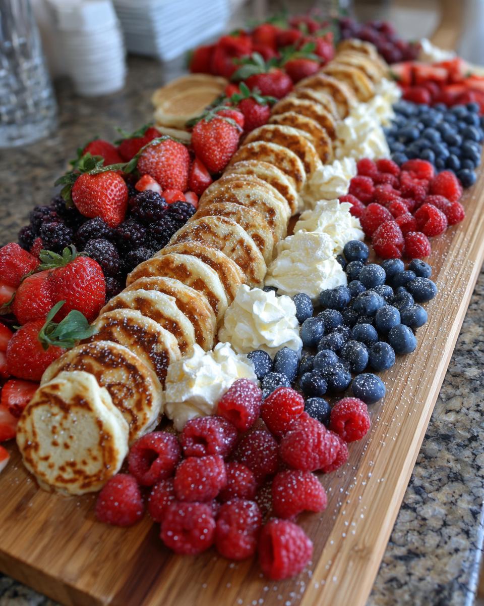 A stunning Breakfast grazing board featuring a row of stacked mini pancakes, whipped cream, raspberries, blueberries, and strawberries.