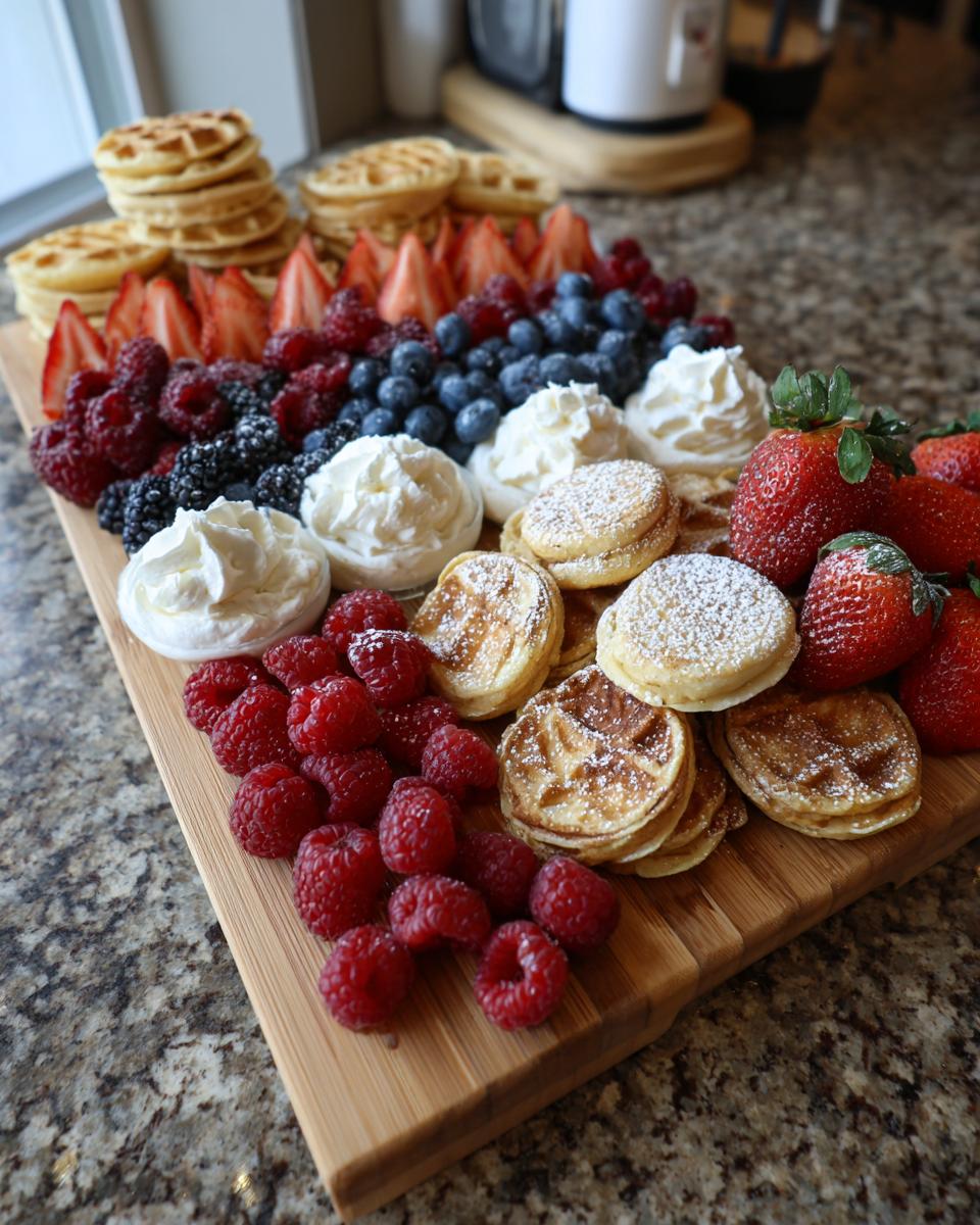 A vibrant Breakfast grazing board featuring stacks of mini waffles, fresh strawberries, blueberries, raspberries, and dollops of whipped cream.