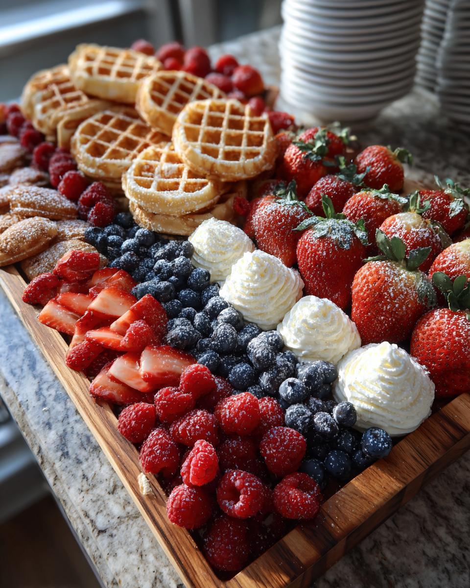 A wooden Breakfast grazing board filled with mini waffles, strawberries, blueberries, raspberries, and whipped cream dollops.