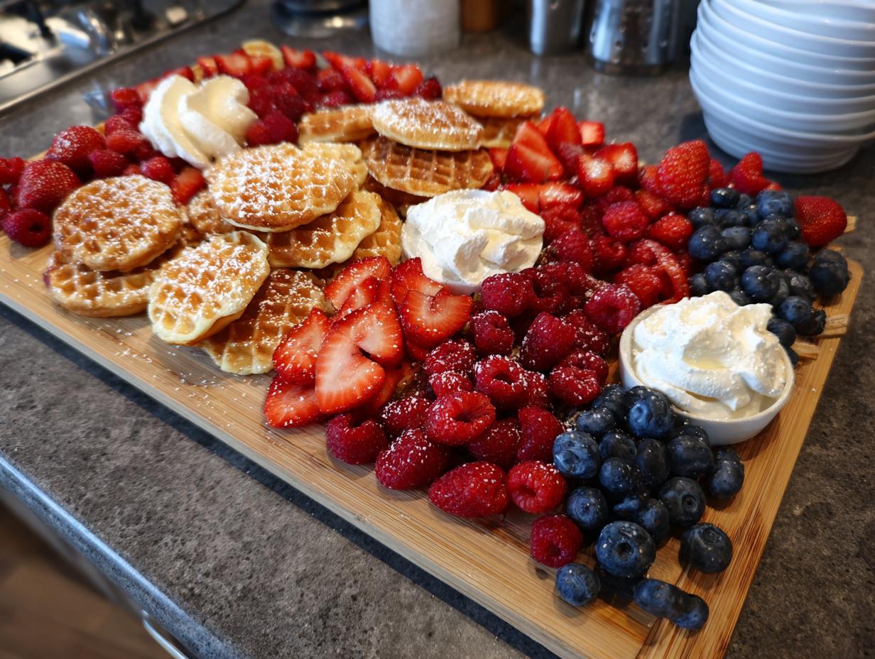 A vibrant Breakfast grazing board featuring mini waffles dusted with powdered sugar, fresh strawberries, raspberries, blueberries, and whipped cream.