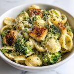 A close-up of a white bowl filled with Broccoli caesar pasta salad, featuring orecchiette pasta, bright green broccoli florets, and toasted croutons.