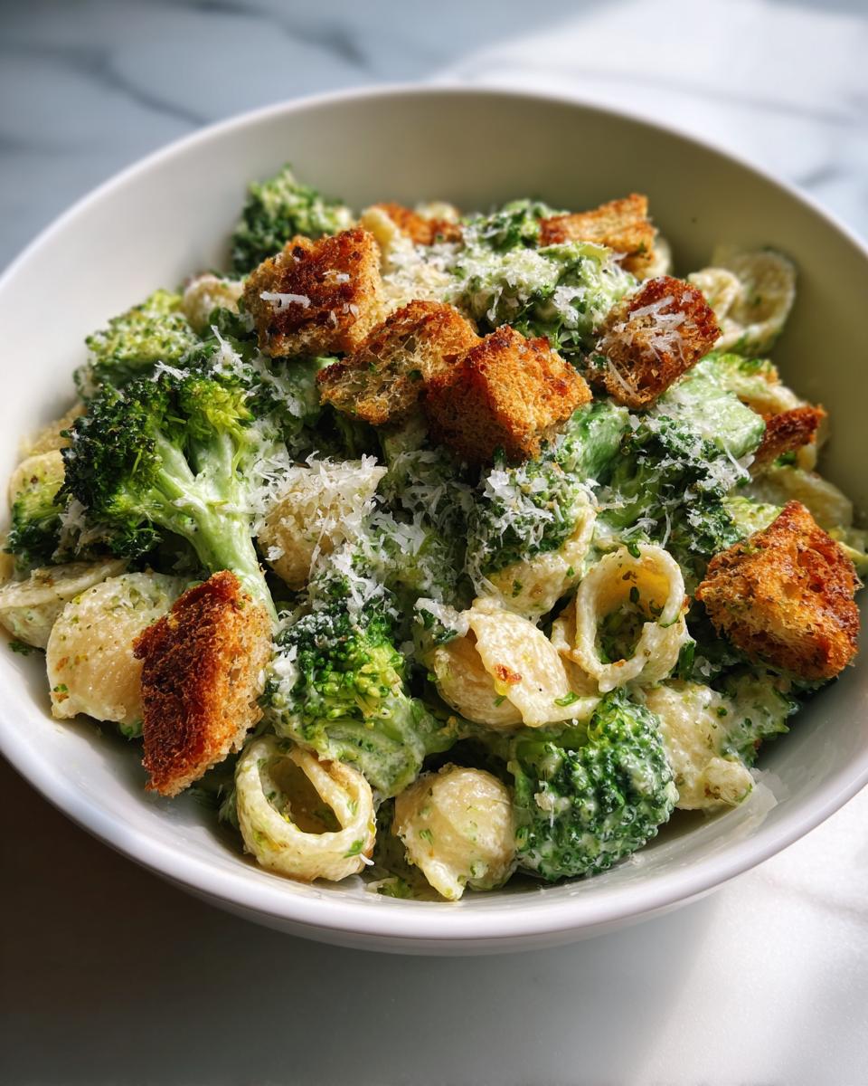 A close-up of a white bowl filled with Broccoli caesar pasta salad, featuring shell pasta, bright green broccoli florets, creamy dressing, and topped with crunchy croutons and grated Parmesan.