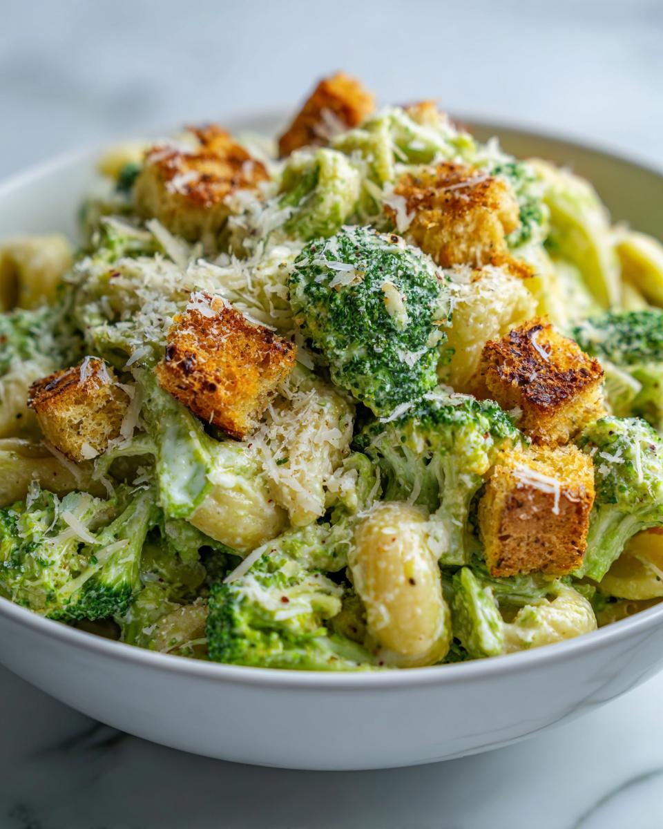 A close-up of a creamy Broccoli caesar pasta salad featuring pasta, bright green broccoli florets, croutons, and grated Parmesan cheese.