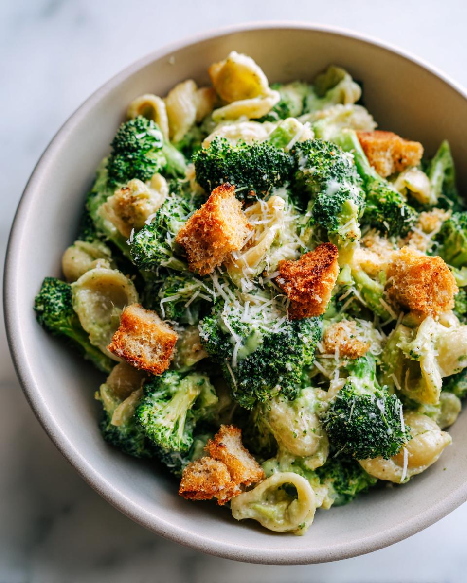 A close-up view of a creamy Broccoli caesar pasta salad featuring orecchiette pasta, bright green broccoli florets, croutons, and grated Parmesan cheese.