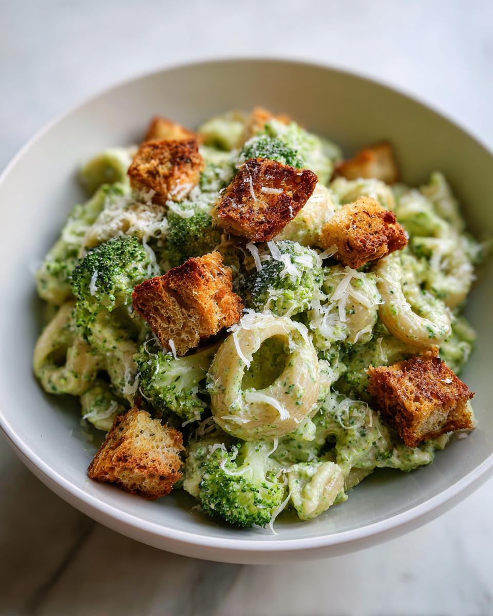 Close-up of a bowl filled with creamy Broccoli caesar pasta salad, topped with large croutons and grated Parmesan cheese.