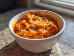 Close-up of a small white bowl filled with hot, creamy Buffalo chicken dip topped with melted white cheese.