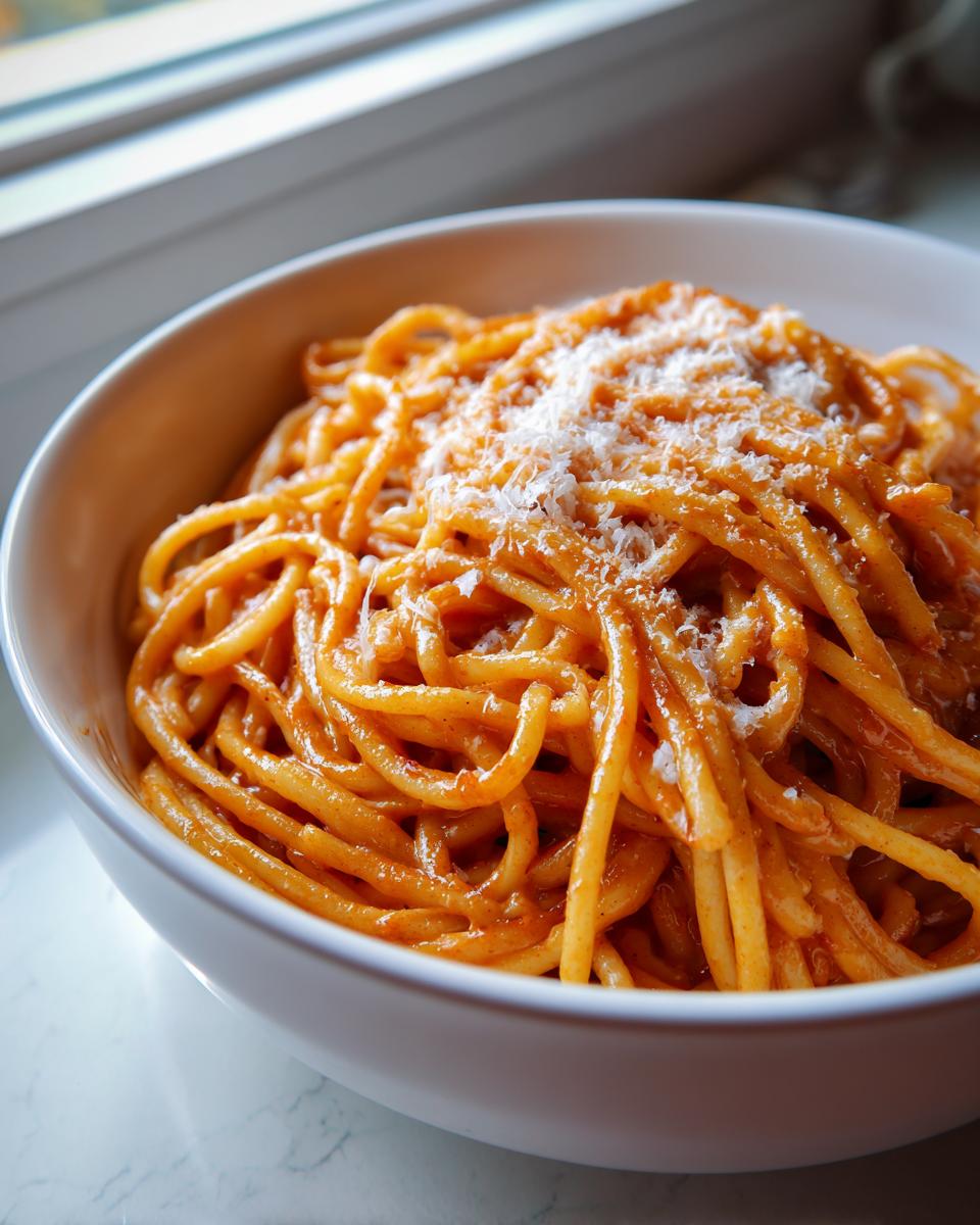 Close-up of creamy, orange-sauced Carbonara buldak ramen noodles topped with grated cheese in a white bowl.