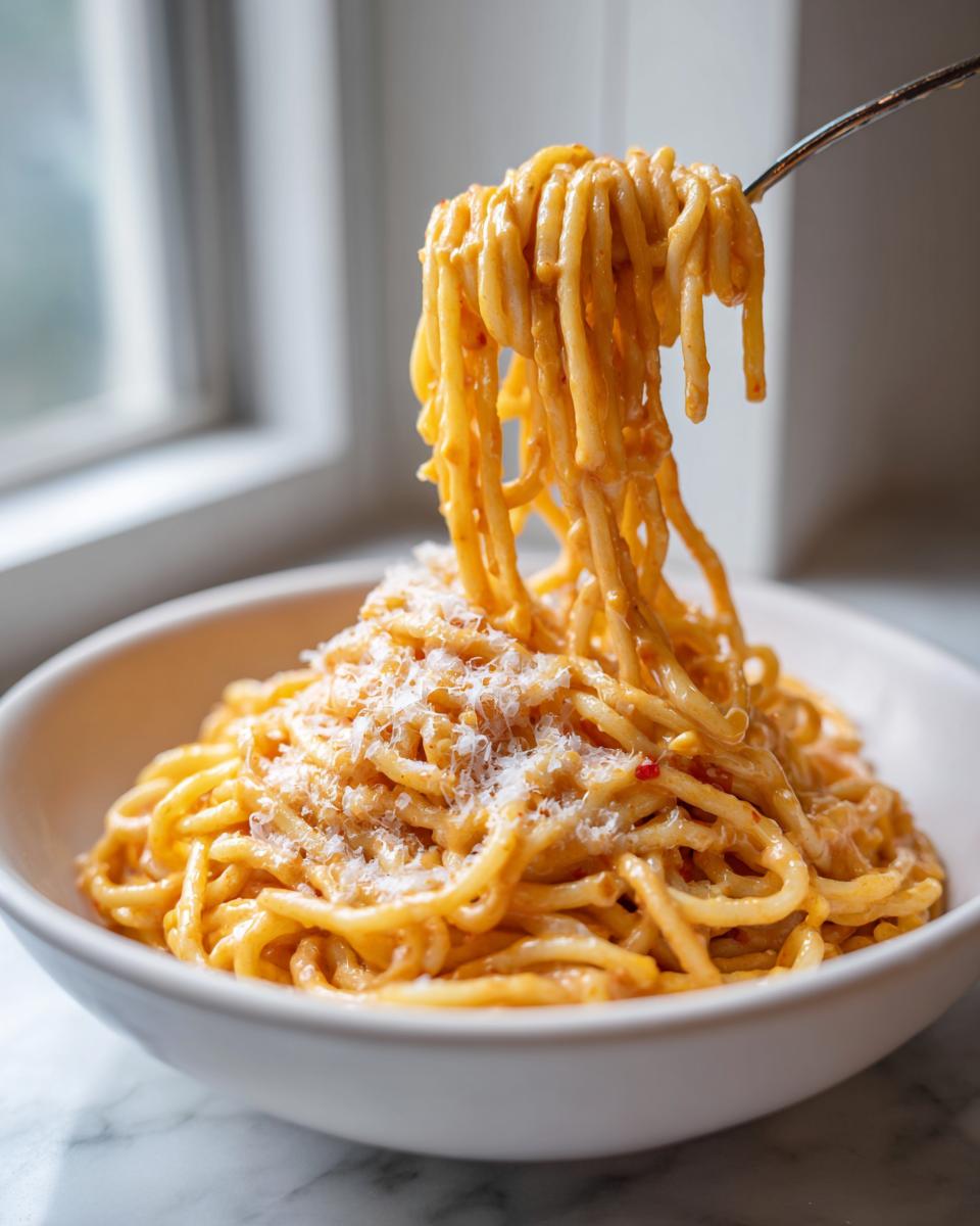 A fork lifts a generous portion of creamy Carbonara buldak ramen noodles, topped with grated cheese, from a white bowl.