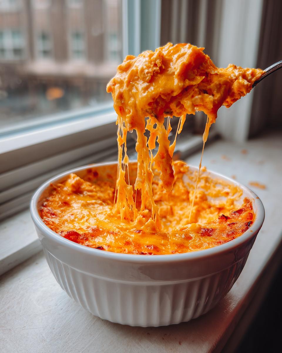 A spoonful of hot, cheesy Buffalo chicken dip being lifted, showing long, gooey cheese pulls over a white ramekin.