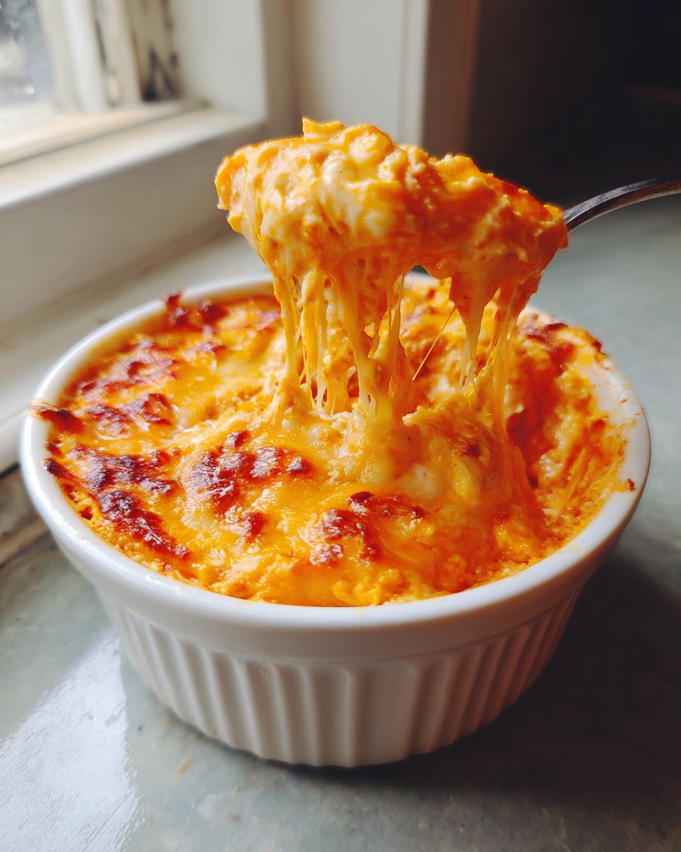 A spoonful of hot, cheesy Buffalo chicken dip showing extreme cheese pull from a white ramekin.