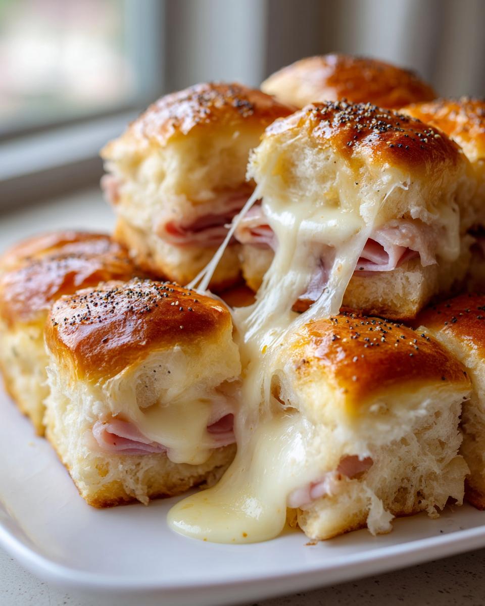 Close-up of baked ham and cheese sliders with gooey melted cheese stretching between two rolls.