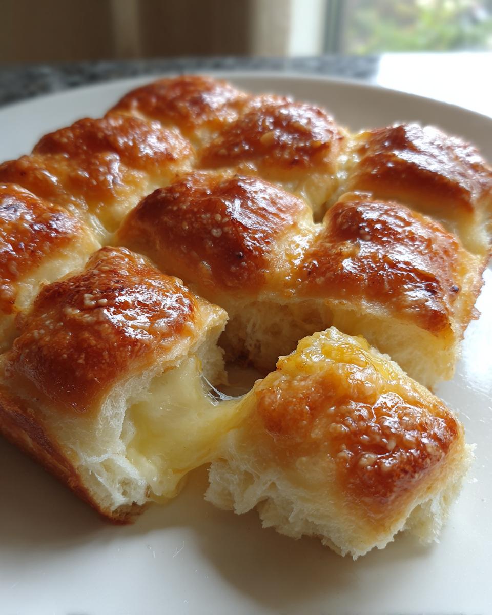 Close-up of cheesy, pull-apart ham and cheese sliders showing melted cheese stretching between two rolls.