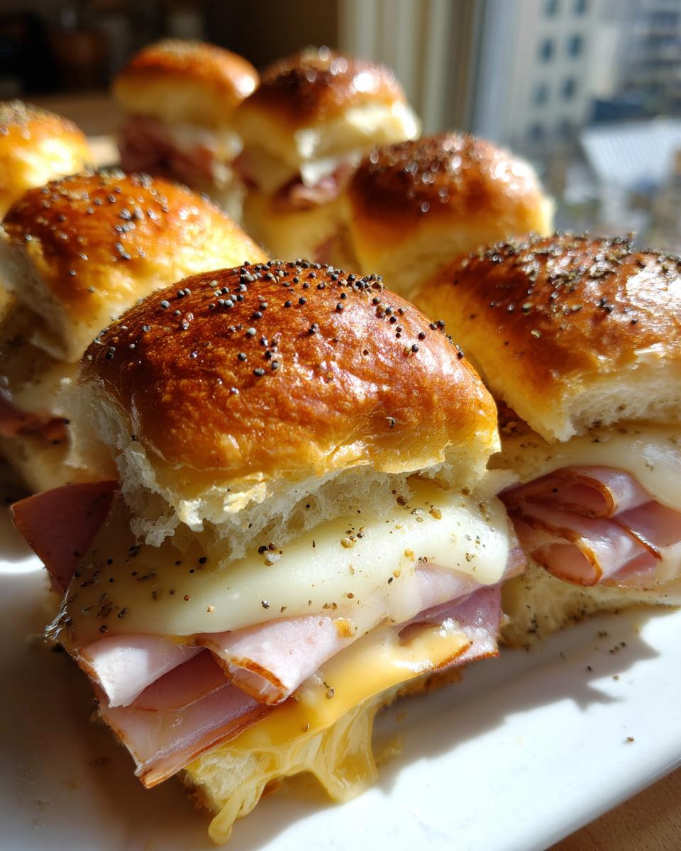 Close-up of warm Hawaiian roll sliders filled with ham, melted Swiss, and cheddar cheese, topped with poppy seeds.