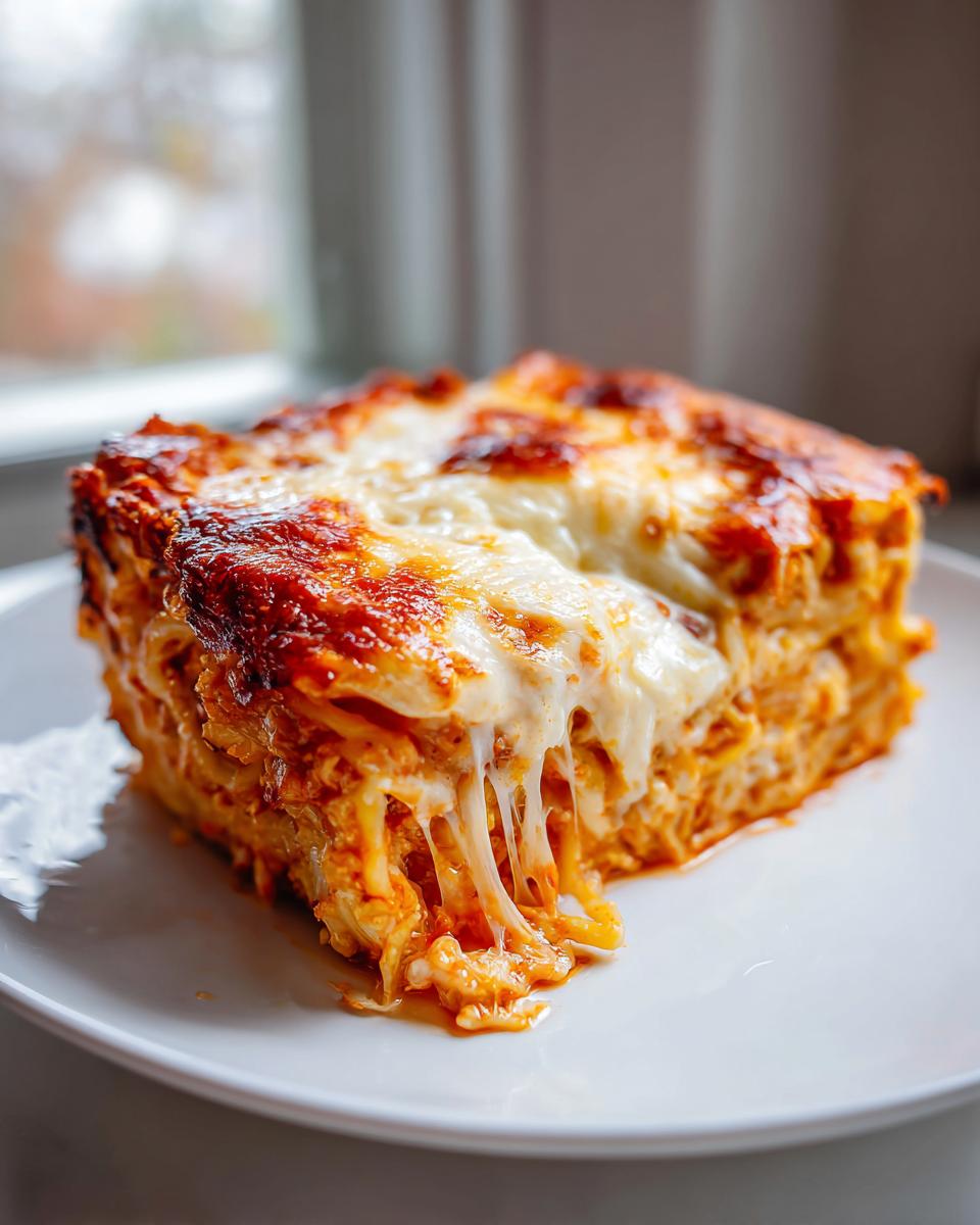 A gooey, cheesy slice of Leftover spaghetti bake with melted cheese stretching downwards onto a white plate.