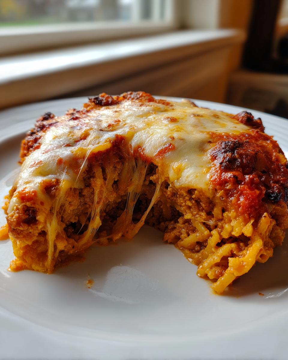 A serving of Leftover spaghetti bake on a white plate showing a dramatic cheese pull.