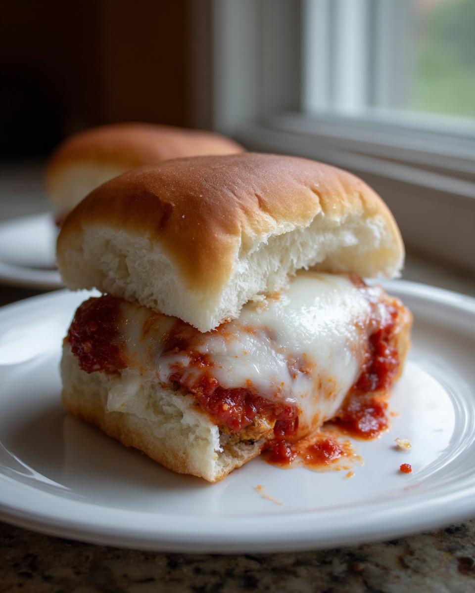 Close-up of a single chicken parmesan slider with melted mozzarella cheese and marinara sauce on a white plate.