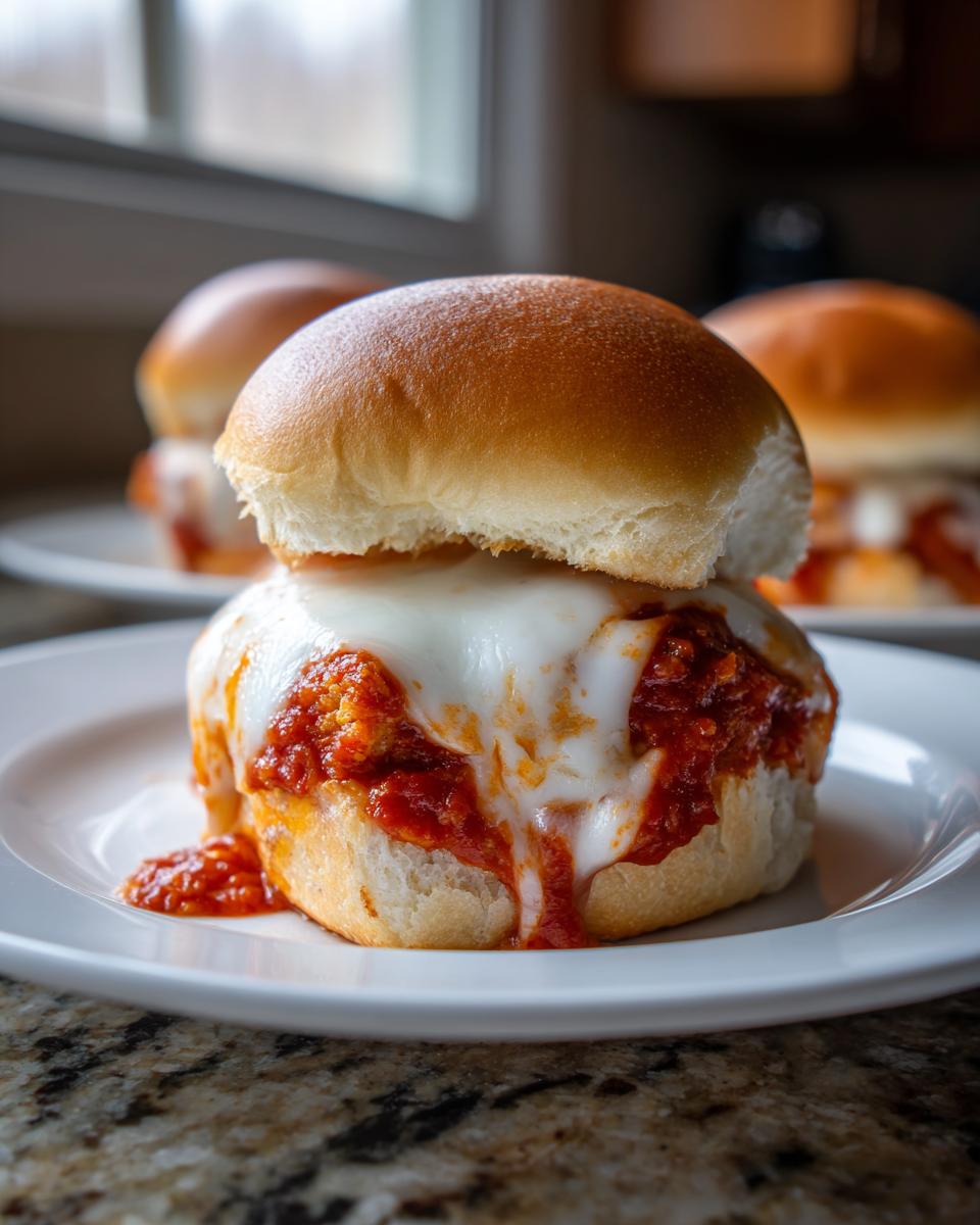Close-up of a gooey Chicken parmesan sliders topped with melted mozzarella cheese and marinara sauce.