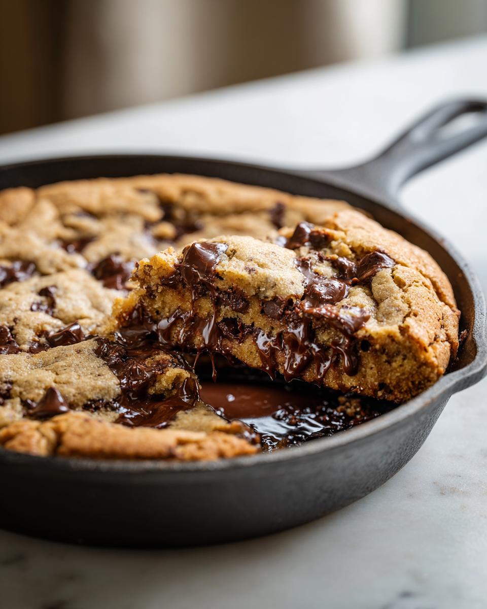 A piece of warm Chocolate Chip Skillet Cookie is being lifted, revealing gooey, melted chocolate inside the cast iron pan.