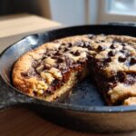 A freshly baked Chocolate Chip Skillet Cookie in a cast iron pan with a slice removed, showing gooey, melted chocolate.