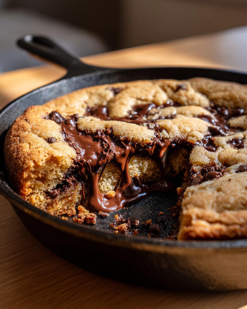 A close-up of a freshly baked Chocolate chip skillet cookie with a piece removed, showing gooey, melted chocolate stretching out.