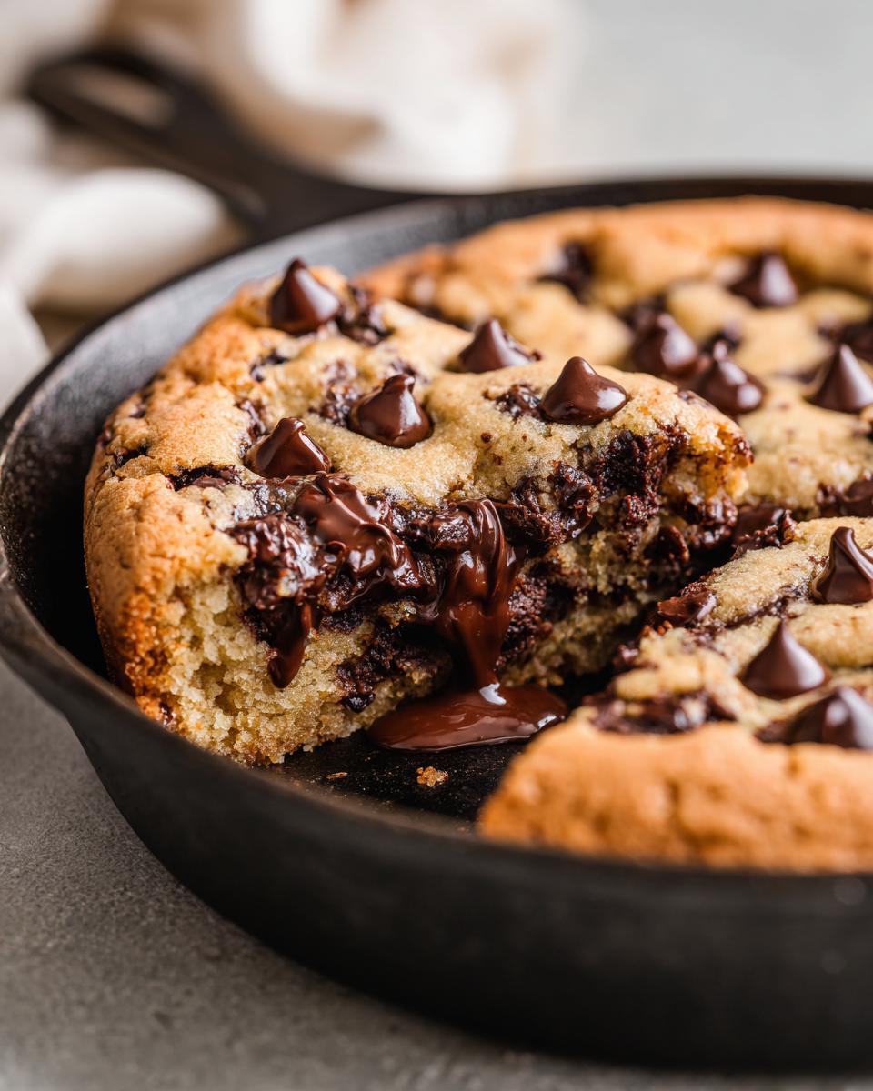 A warm Chocolate chip skillet cookie with a piece removed, showing gooey, melted chocolate oozing out.
