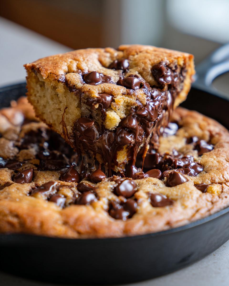 A slice of warm Chocolate Chip Skillet Cookie is lifted, showing gooey, melted chocolate chips dripping down.