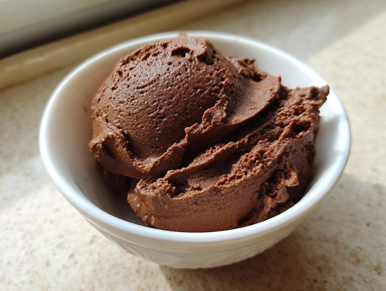 A close-up of rich, dark chocolate cottage cheese mousse scooped into a small white bowl.