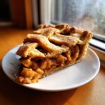 A thick slice of Classic apple pie featuring a golden lattice crust and rich, cinnamon-spiced apple filling.