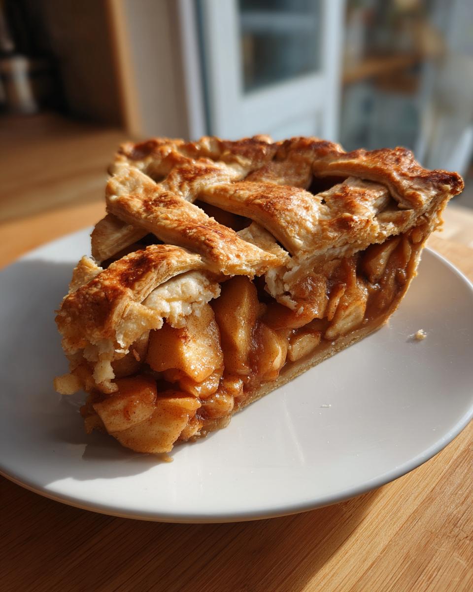 A close-up slice of Classic apple pie featuring a golden lattice crust and thick, caramelized apple filling.