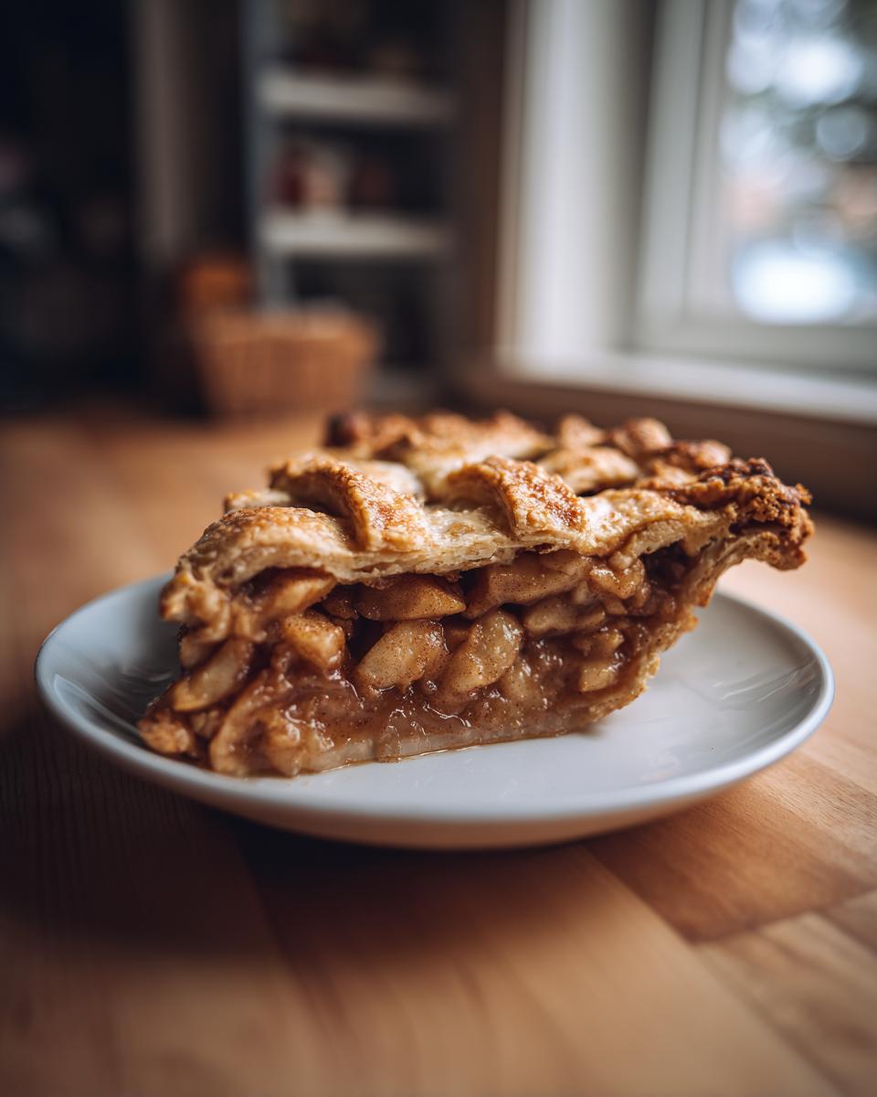 A thick slice of Classic apple pie with a golden lattice crust, showing rich, spiced apple filling.