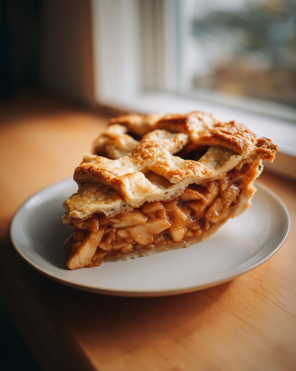 A close-up of a perfect slice of Classic apple pie featuring a golden lattice crust and rich apple filling.