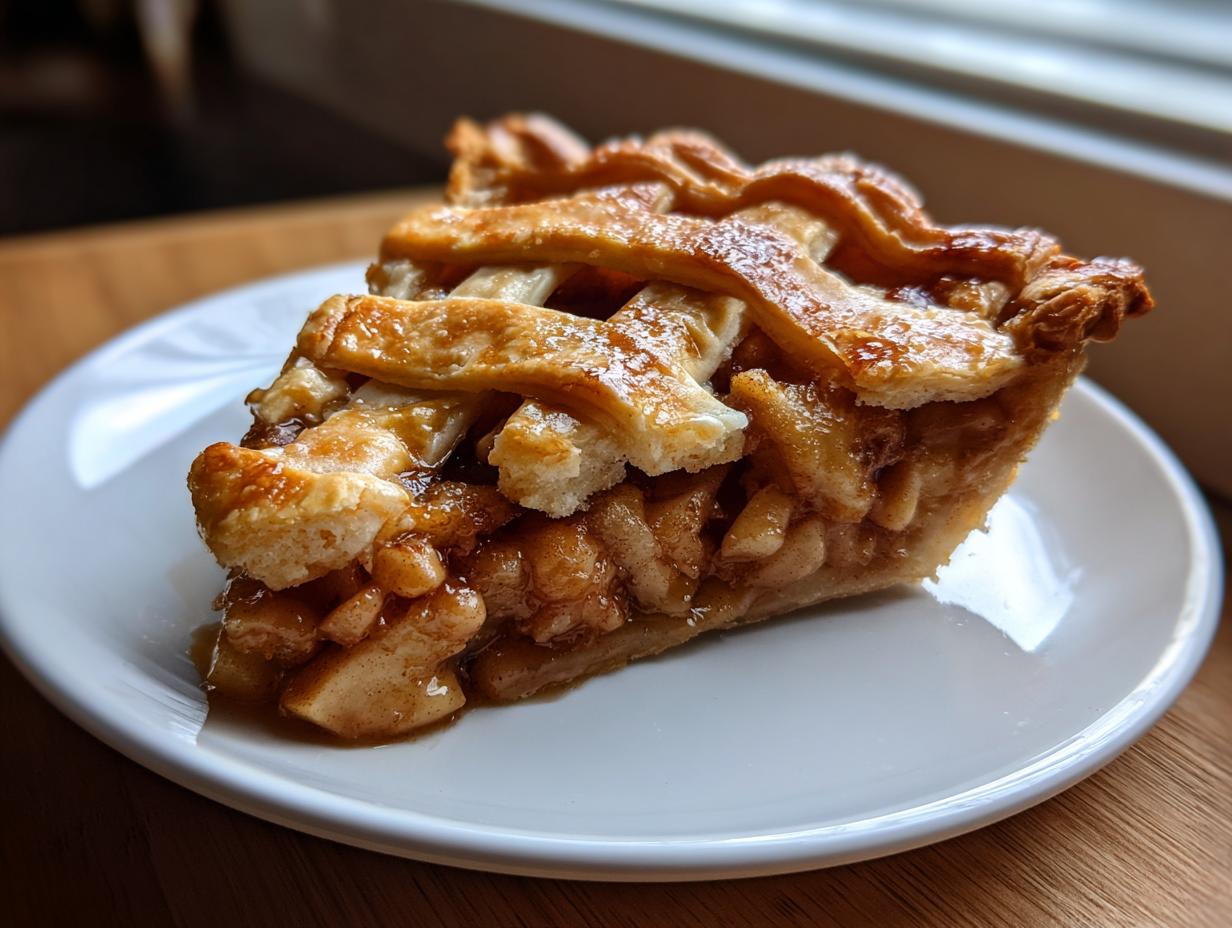 Close-up of a glistening slice of classic apple pie featuring a golden lattice crust and rich apple filling.