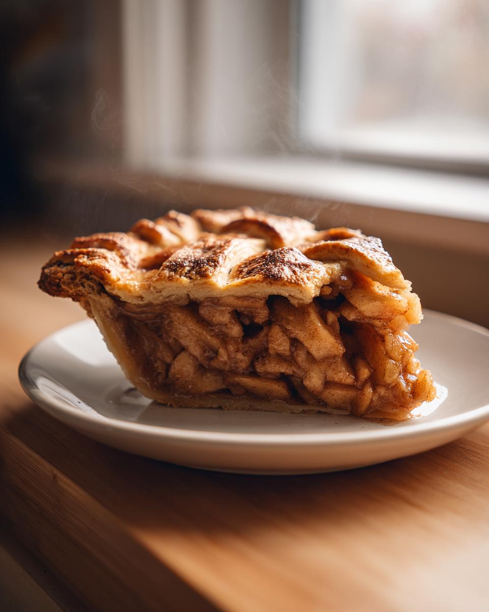 A steaming, thick slice of Classic apple pie with a golden lattice crust sits on a white plate.