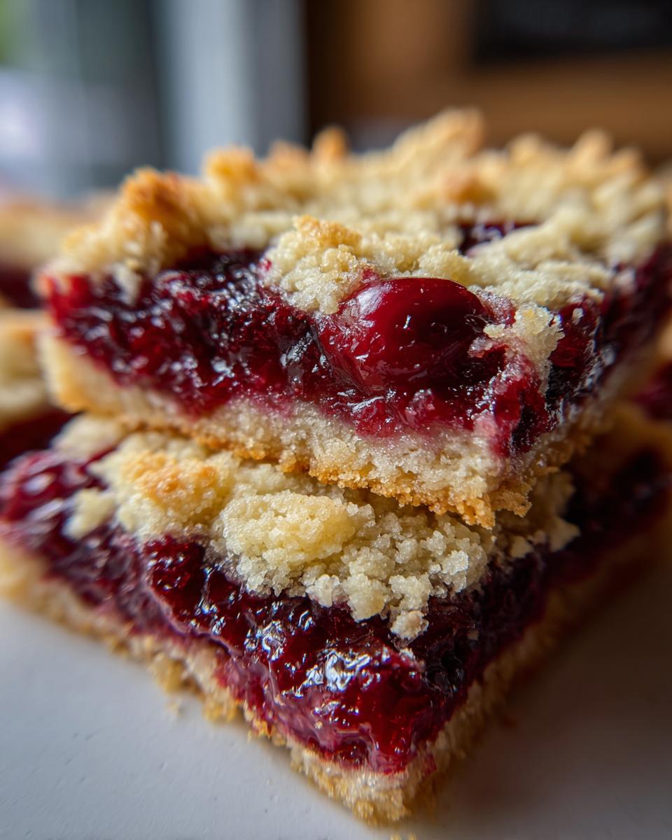 Two stacked squares of moist Classic cherry cobbler with a thick, gooey cherry filling and a golden crumble topping.