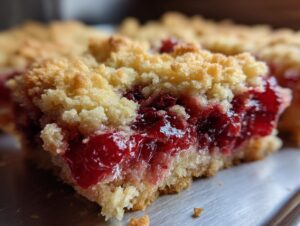 A close-up view of a slice of classic cherry cobbler showing the thick, bright red cherry filling and golden, crumbly topping.
