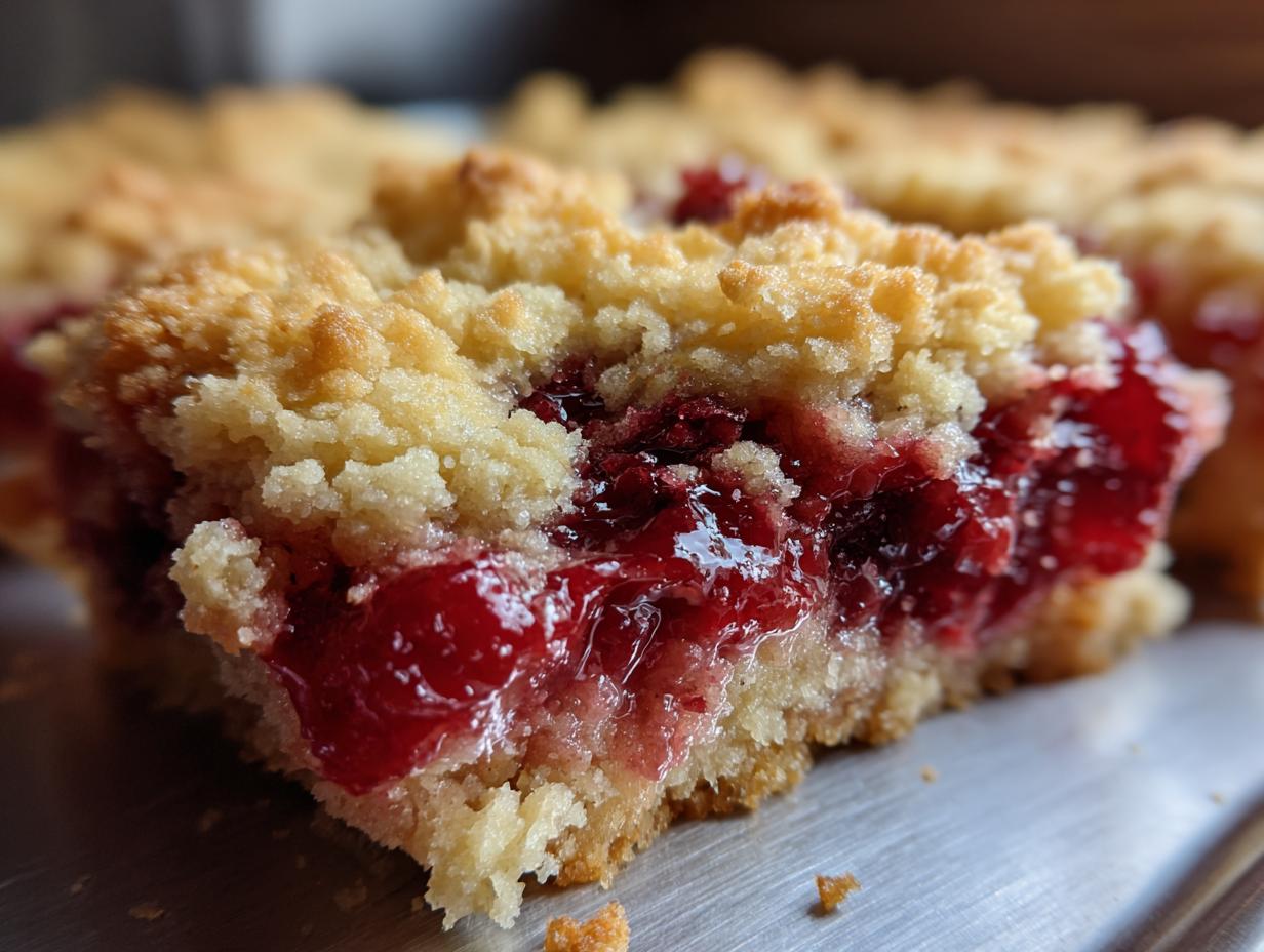 A close-up view of a slice of classic cherry cobbler showing the thick, bright red cherry filling and golden, crumbly topping.