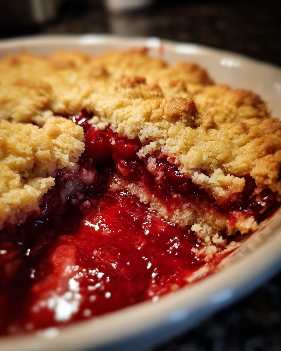 A close-up shot showing a scoop taken out of a warm classic cherry cobbler, revealing bubbling, bright red cherry filling beneath a golden, crumbly topping.